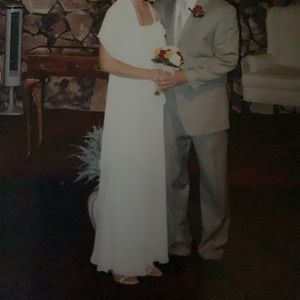 Long white crepe formal dress w/ spaghetti straps